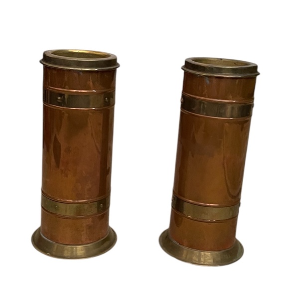SET OF TWO VINTAGE ART DECO COPPER/BRASS CANNISTER CANDLE HOLDERS - Picture 1 of 6